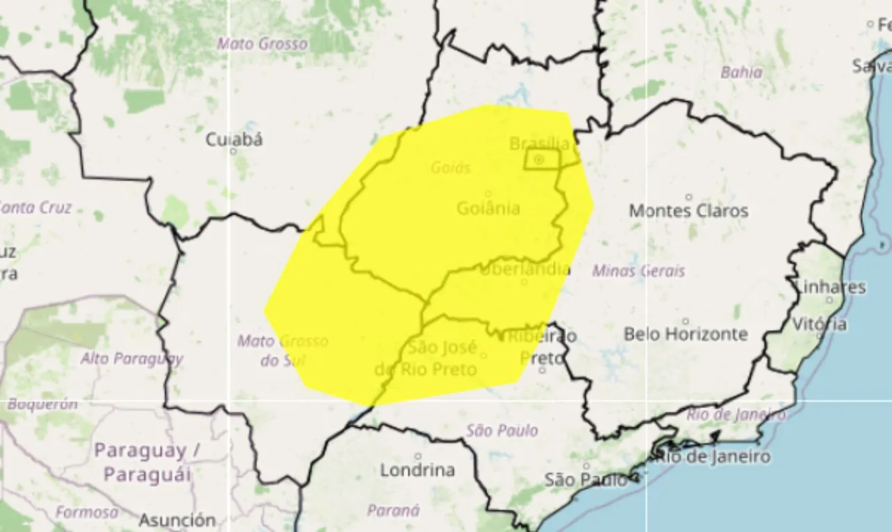O mapa mostra as &aacute;reas do alerta para baixa umidade